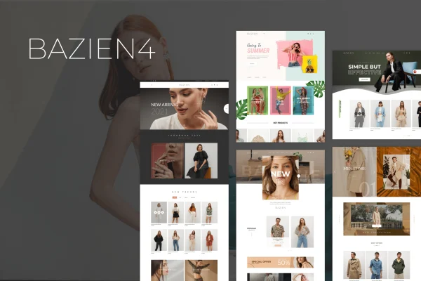 Bazien Elementor WooCommerce theme preview showing online store page layouts