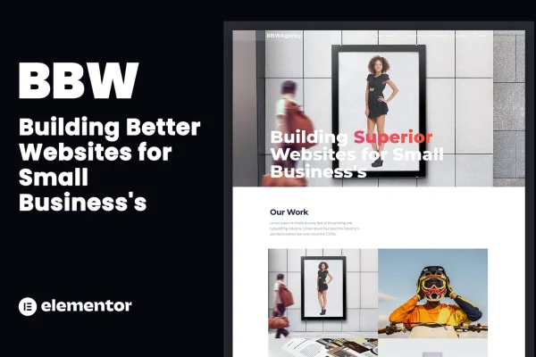 BBW small business Elementor template kit cover showing website page layouts