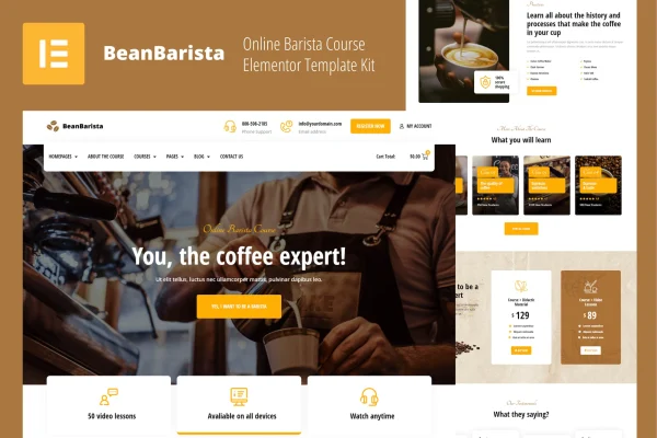 Bean Barista online barista course Elementor template kit preview