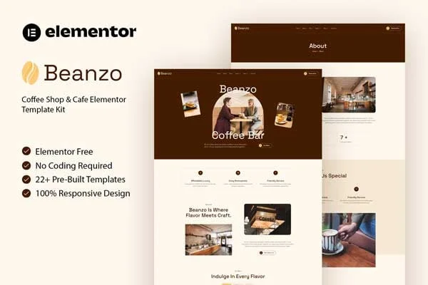 Beanzo coffee shop and cafe Elementor template kit preview