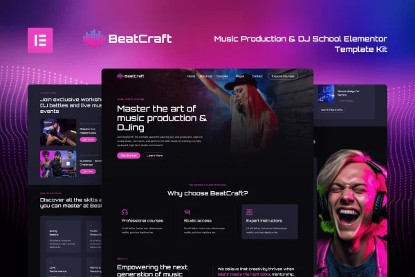 Beatcraft music production and DJ school Elementor template kit preview