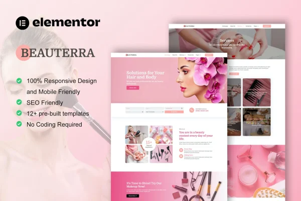 Beauterra makeup artist and beauty salon Elementor template kit preview