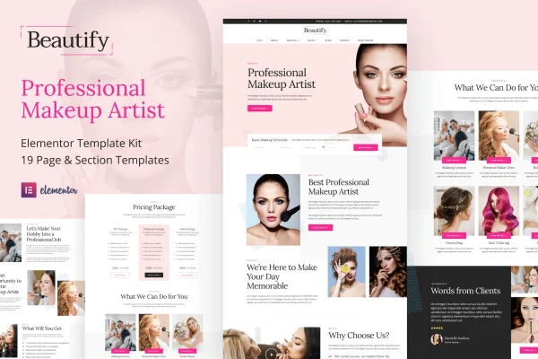 Beautify makeup artist and hair stylist Elementor template kit cover image