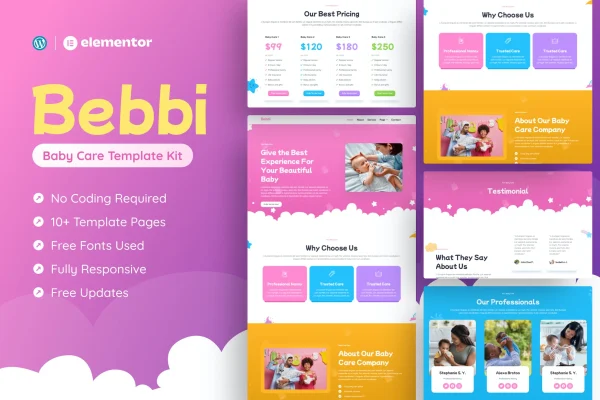 Bebbi baby care Elementor template kit preview with colorful page layouts