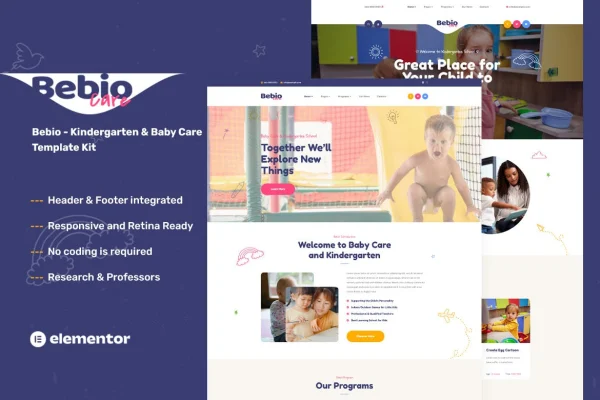 Bebio kindergarten and baby care Elementor template kit preview