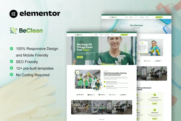 BeClean cleaning service Elementor Pro template kit preview