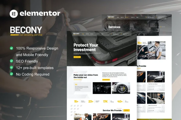 Becony car detailing and repair Elementor template kit preview