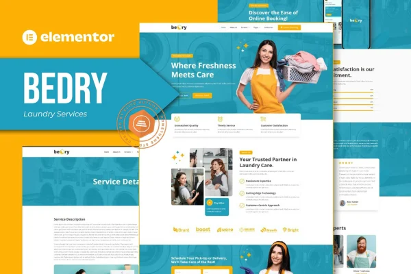 Bedry laundry services Elementor Pro template kit preview