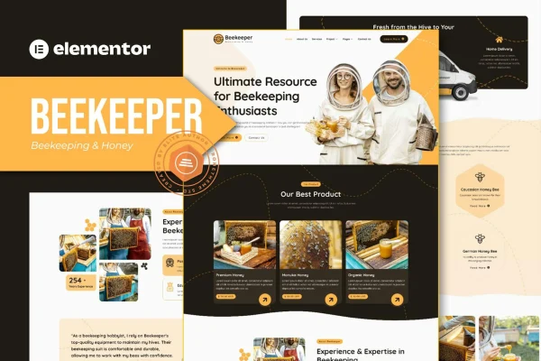 Beekeeper Elementor template kit cover with honeycomb-inspired beekeeping website layouts