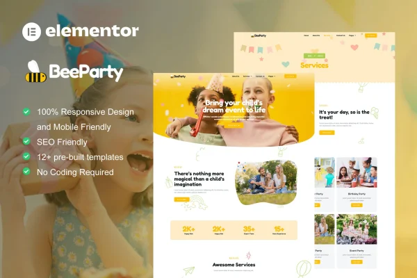 BeeParty kids party planner Elementor template kit preview with colorful page layouts