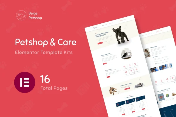 Beige pet shop Elementor template kit preview with beige themed store pages