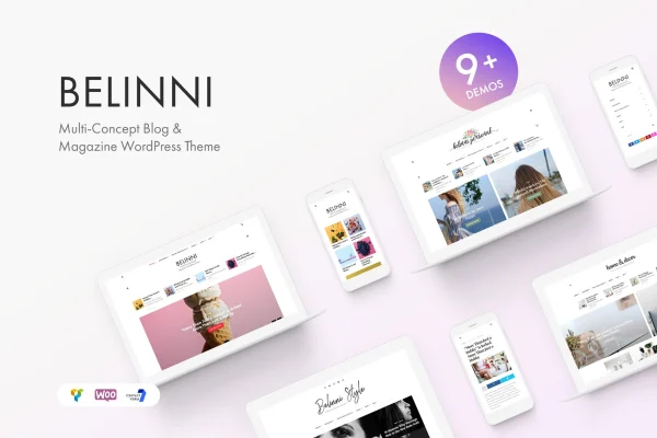 Belinni blog and magazine WordPress theme preview with homepage layouts