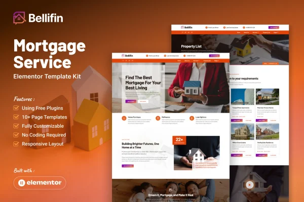 Bellifin mortgage services Elementor template kit page previews