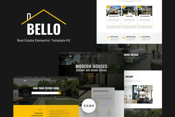 Bello real estate Elementor template kit preview with property listing pages