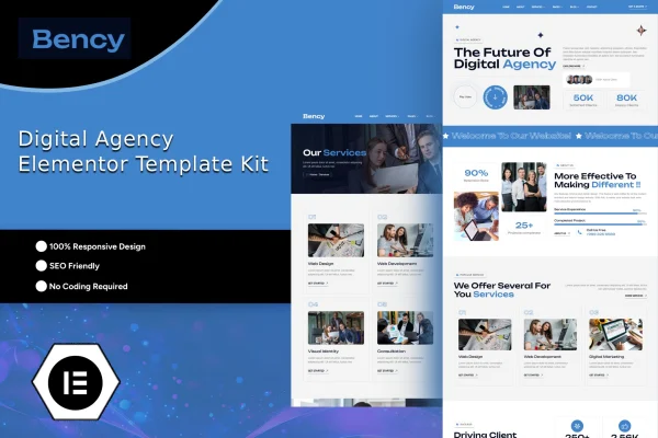 Bency digital agency Elementor template kit cover showing page designs