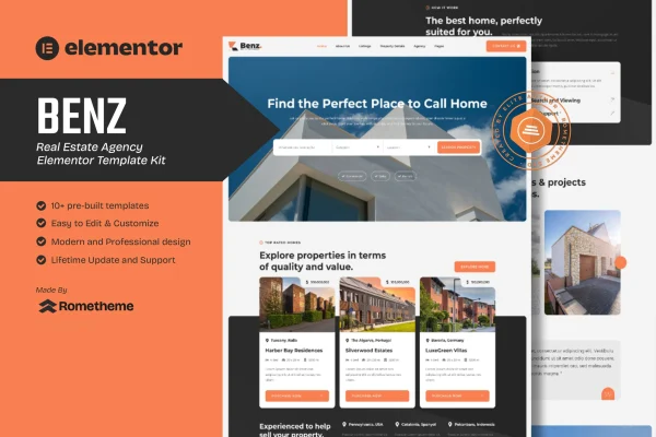Benz real estate Elementor template kit preview with property listing page layouts