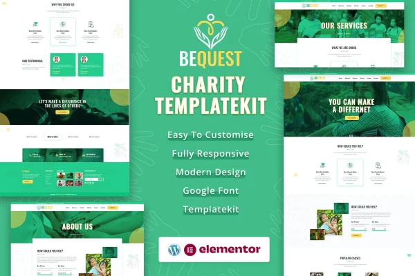 BEQUEST nonprofit charity and donation Elementor template kit preview