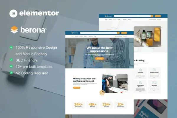 Berona printing and design service Elementor template kit cover preview