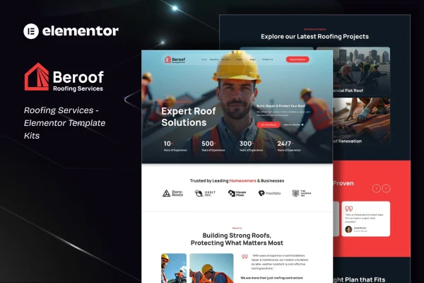 Beroof roofing services Elementor template kit preview