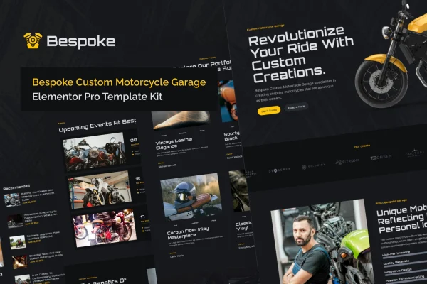 Bespoke custom motorcycle garage Elementor Pro template kit preview