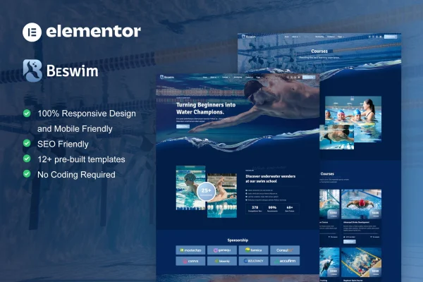 Beswim swimming courses and training Elementor template kit cover image