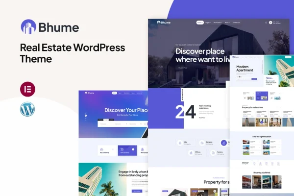 Bhume real estate WordPress theme preview with property listings