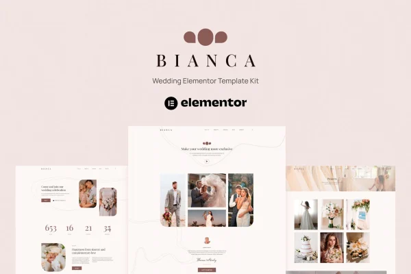 Bianca wedding Elementor template kit preview with elegant wedding page layouts