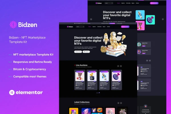 Bidzen NFT sales Elementor template kit preview