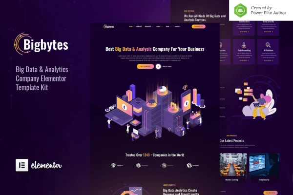 Bigbytes big data and analytics Elementor template kit cover with dark style page previews