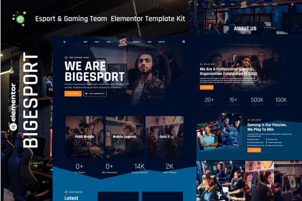 Bigesport esport and gaming team Elementor template kit cover image