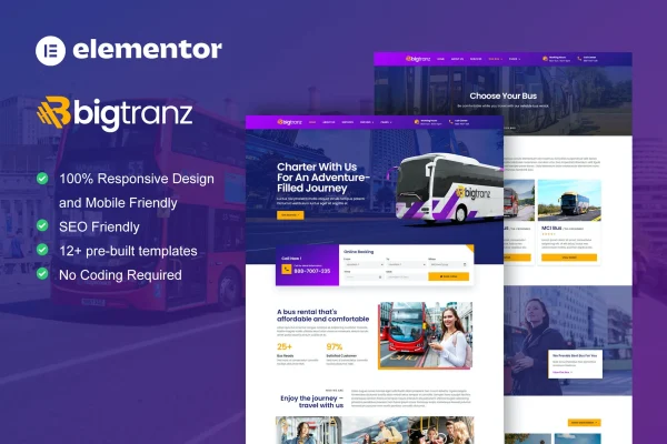 BigTranz bus charter and rental Elementor template kit preview