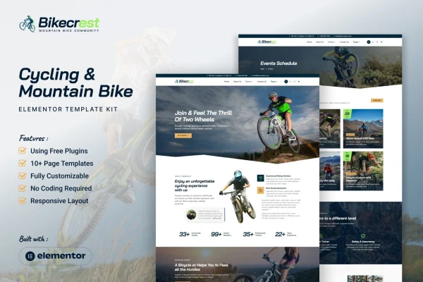 Bikecrest cycling and mountain bike Elementor template kit preview