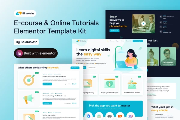 BinaKelas e-course and online tutorials Elementor template kit preview