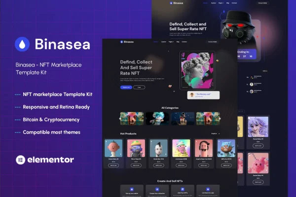Binasea NFT marketplace Elementor template kit preview