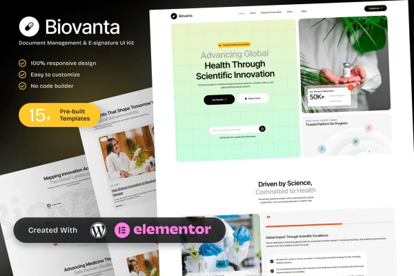 Biovanta pharmaceutical and biotechnology Elementor template kit preview