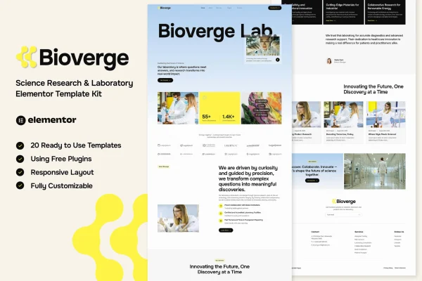 Bioverge science research and laboratory Elementor template kit preview
