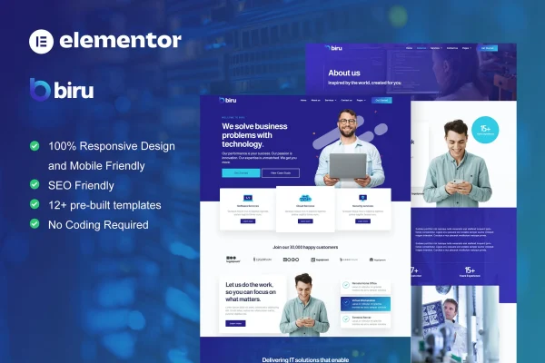 Biru IT services Elementor Pro template kit preview with homepage and service page layouts