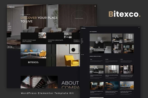 Bitexco creative interior Elementor template kit cover with modern interior design page layouts