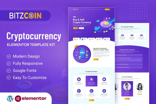 BitzCoin crypto exchange Elementor template kit page previews