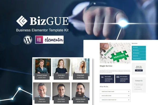 BizGUE business Elementor template kit cover showing website page designs