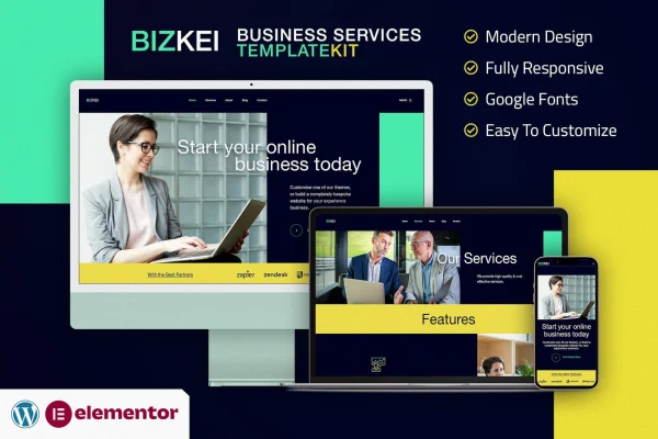 Bizkei business and services Elementor template kit preview pages