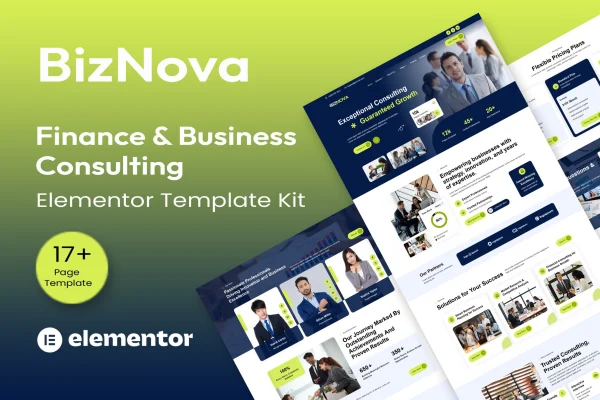 BizNova business consulting Elementor template kit cover showing website page layouts