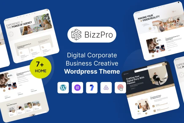 Bizzpro digital business WordPress theme preview with corporate page layouts