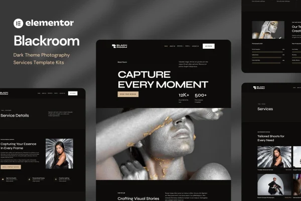 Blackroom dark theme photography Elementor template kit preview