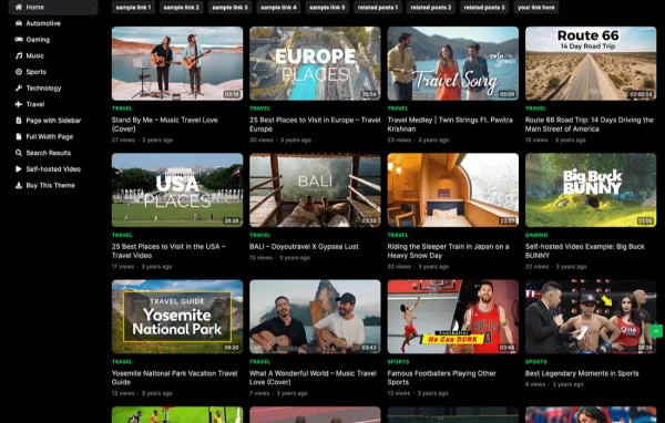 BlackVideo Pro WordPress video theme preview with dark layout