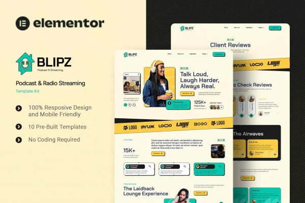 Blipz podcast and radio streaming Elementor template kit preview