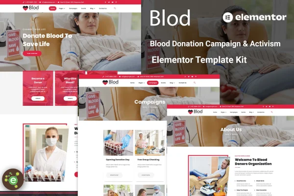 Blod blood drive and donation campaign Elementor template kit preview