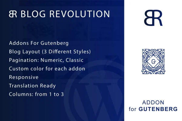 Blog Revolution for Gutenberg plugin banner showing blog layout styles