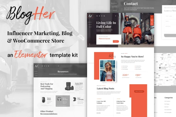 BlogHer influencer marketing Elementor template kit cover showing blog and shop page designs