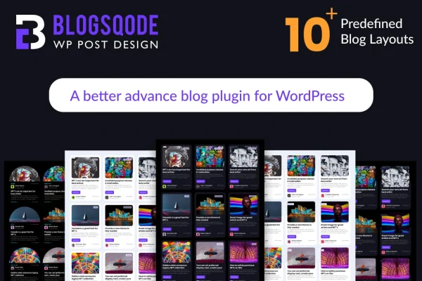 BlogSqode WP Post Design plugin banner showing blog layout designs